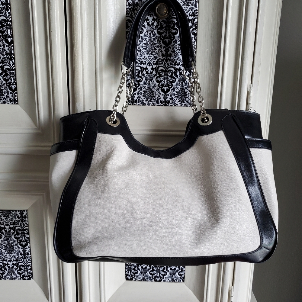 Black and White Handbag with Silver Accents